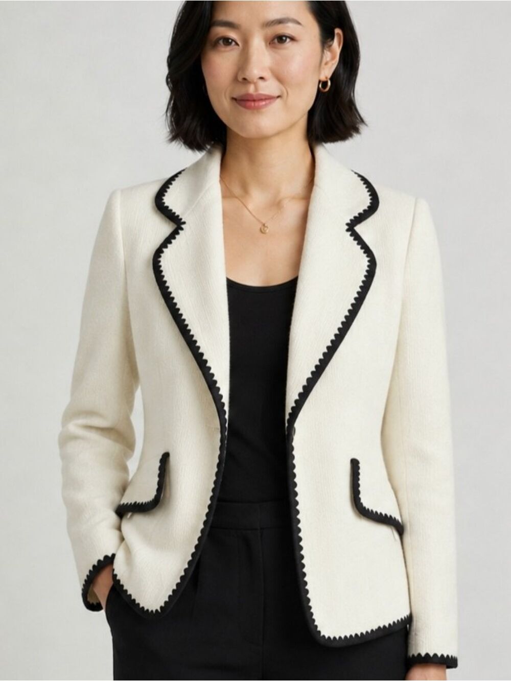 Ellen Tracy White Hopsack Blazer Black Whipstitch Trim 6 Petite
